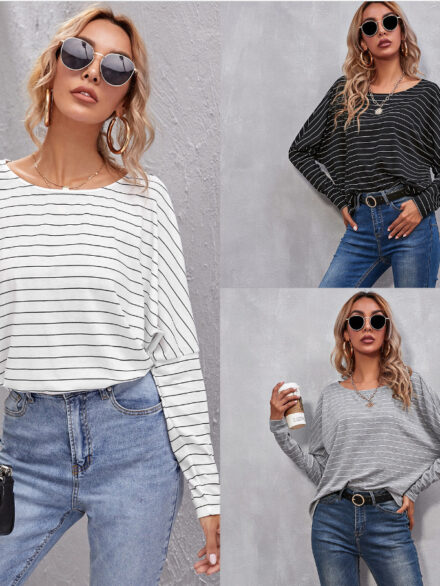 1615946462409-Stylish Round Neck Long-Sleeved Loose Striped Top T-Shirt for WomenWomlike 💞 Elevating Women's Fashion #1 ! - Low Price High Quality