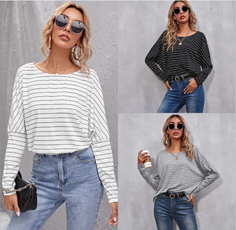 1615946462409-Stylish Round Neck Long-Sleeved Loose Striped Top T-Shirt for WomenWomlike 💞 Elevating Women's Fashion #1 ! - Low Price High Quality