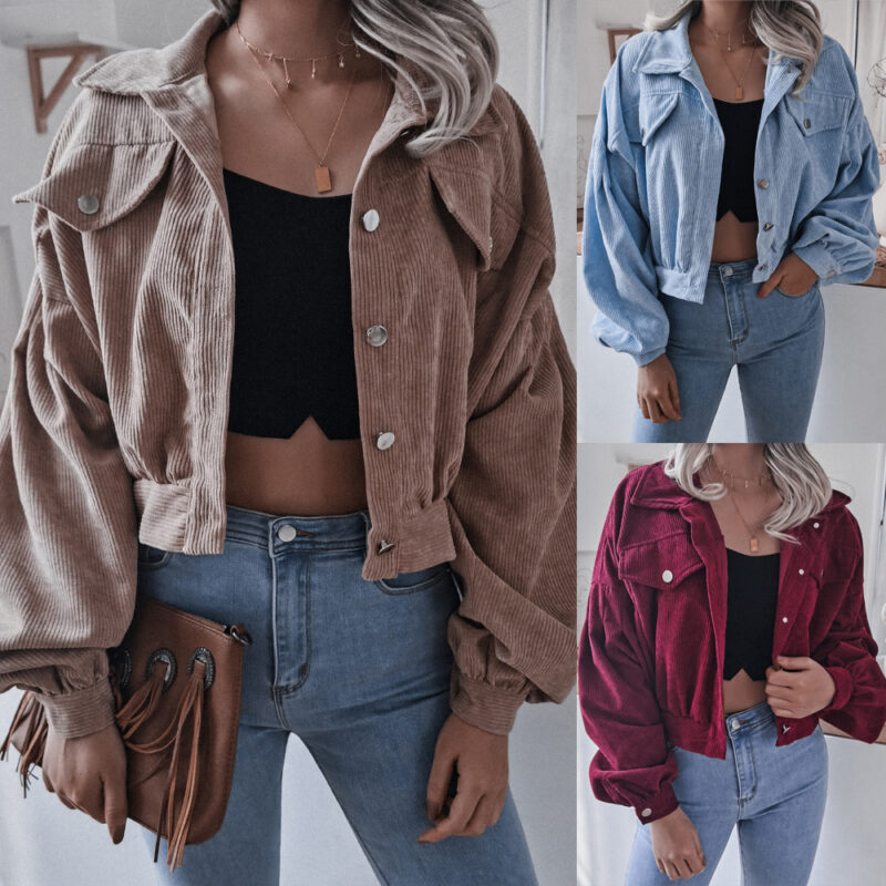 1616650230182-Lantern Sleeve Corduroy Casual Short Jacket for WomenWomlike 💞 Elevating Women's Fashion #1 ! - Low Price High Quality