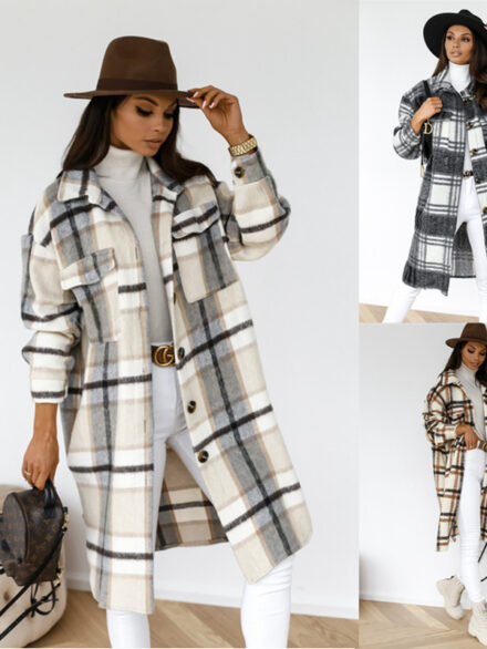 5401129316-Casual Long Woolen Coat with Warm Plaid, Button LapelWomlike 💞 Elevating Women's Fashion #1 ! - Low Price High Quality