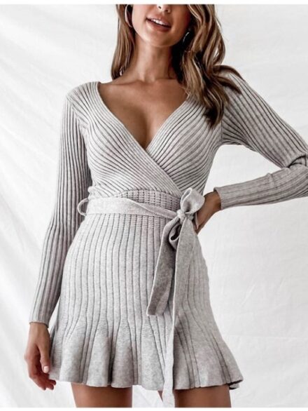 783904822520-Stylish V-Neck Knitted Dress with Long Sleeves for WomenWomlike 💞 Elevating Women's Fashion #1 ! - Low Price High Quality