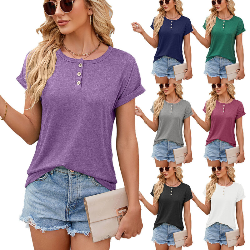 d954d57a 196a 47a4 ad40 20910ff13250-New Summer Loose Top for Women's Clothing: Solid Color Round Neck Button Short Sleeve T-ShirtWomlike 💞 Elevating Women's Fashion #1 ! - Low Price High Quality